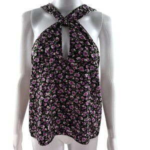 NWT Zara Womens XS Black Purple Floral Twist Halter Top Coachella Festival Flowy
